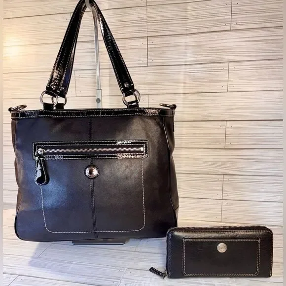 046-Coach:F14887 Laura Leather Tote Bag w/ Patten Leather Trim Bag & Wallet Set - Picture 1 of 11